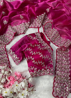 JATRIQQ Embroidered Bollywood Silk Blend Saree(Magenta)