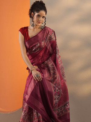 LIBAS Printed Daily Wear Silk Blend Saree(Maroon)
