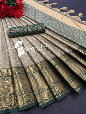 AVANTIKA FASHION Printed, Temple Border, Woven, Embellished, Solid/Plain Banarasi Art Silk, Cotton Silk Saree(Cream)