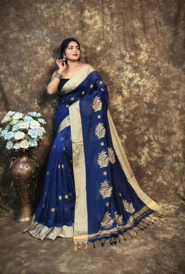 Pushpa Fashion Self Design Handloom Cotton Blend Saree(Blue)