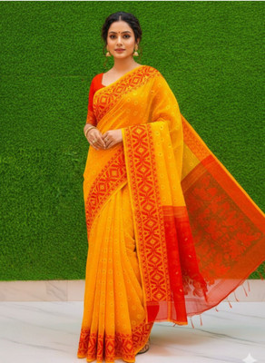 Tabib Self Design Jamdani Cotton Silk Saree(Red, Yellow)