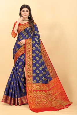 Rupatika Woven Banarasi Cotton Silk Saree(Dark Blue, Red)