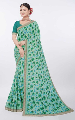 UMARAJ Floral Print Bollywood Organza Saree(Green, Dark Green)