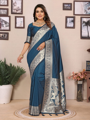 Just Aura Creation Solid/Plain Banarasi Silk Blend Saree(Dark Blue, Silver)