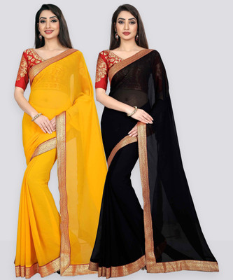 Anand Sarees Solid/Plain Bollywood Chiffon Saree(Pack of 2, Black)