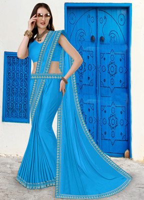 Anugrah Textile Solid/Plain Banarasi Lycra Blend, Chiffon Saree(Light Blue)