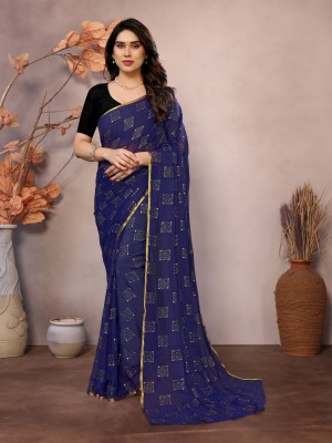 REDFISH Printed Bollywood Chiffon Saree(Dark Blue)