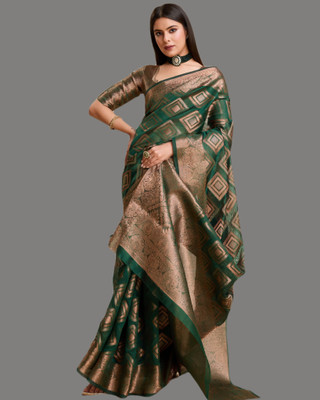 KCF Embellished, Self Design, Woven Bollywood Organza, Jacquard Saree(Green, Gold)