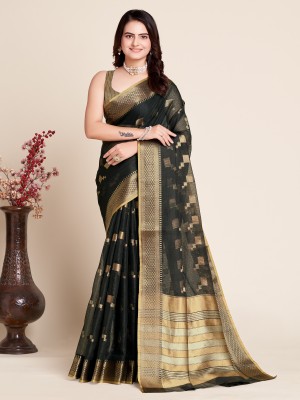 Upalksh Woven, Printed, Solid/Plain, Striped Banarasi Jacquard, Cotton Blend Saree(Black)