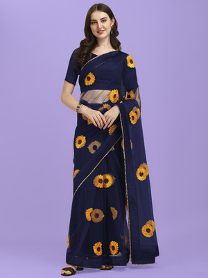 FORKEY Embellished Ilkal Net Saree(Dark Blue)