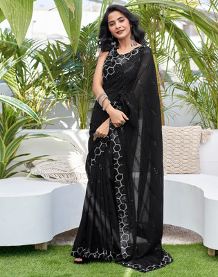 Satrani Dyed, Embellished Bollywood Chiffon, Georgette Saree(Black)