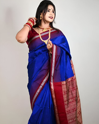 Sijileen Temple Border, Woven Sambalpuri Art Silk Saree(Dark Blue)