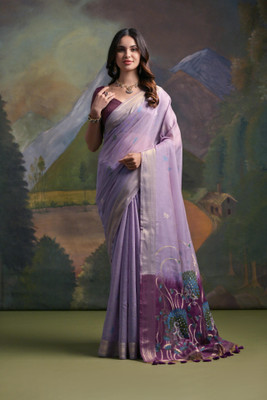 PeachPetals Floral Print, Self Design Banarasi Cotton Silk Saree(Purple)