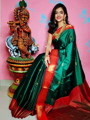 Fab Silk Woven Paithani Cotton Silk Saree(Red, Green)
