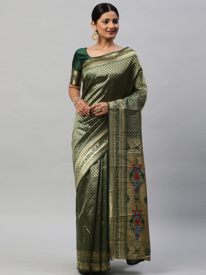 Sareemall Woven Kanjivaram Silk Blend Saree(Green)