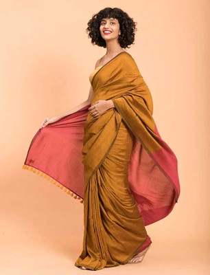 Sandhyatara Solid/Plain Handloom Cotton Blend Saree(Gold)