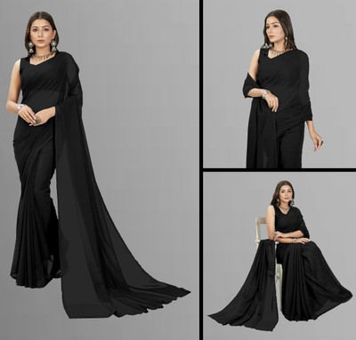 Anand Sarees Solid/Plain Daily Wear Georgette Saree(Black)