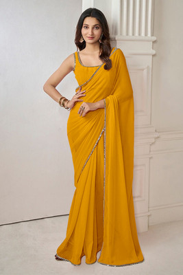 drashti trading Solid/Plain Bollywood Georgette Saree(Mustard)