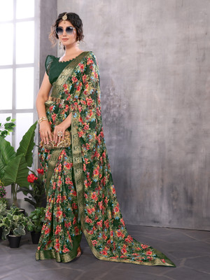 YASHIKA Printed Bollywood Georgette, Lace Saree(Green)