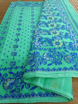 KhayaFashion Woven Tant Pure Cotton Saree(Light Blue)