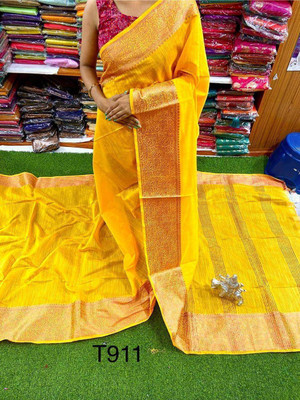 AMIT STORE Self Design Handloom Cotton Silk Saree(Yellow)