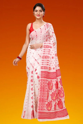 Kanokanjoli Woven Jamdani Handloom Cotton Blend Saree(Multicolor)