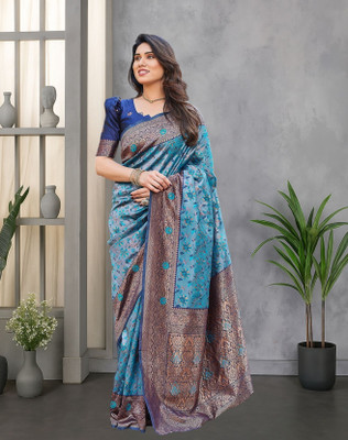 YASHIKA Printed Kanjivaram Silk Blend Saree(Blue)