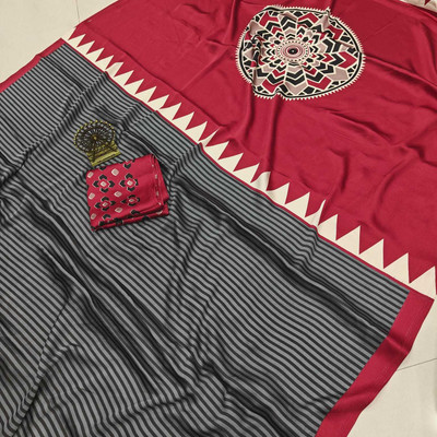 Sniccs Trend Striped, Printed Bollywood Pure Silk Saree(Red, Grey)