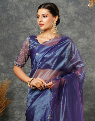 Samah Embroidered, Solid/Plain Bollywood Net Saree(Dark Blue)