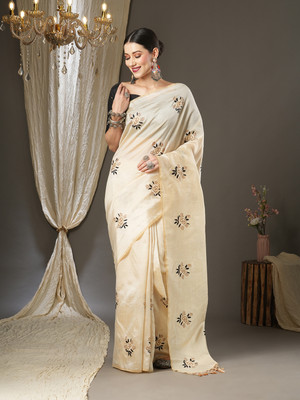 Divastri Embroidered Banarasi Silk Blend Saree(Cream)