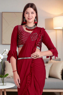 WANQUILA Self Design Saree with Attached Blouse Lycra Blend Saree(Maroon)