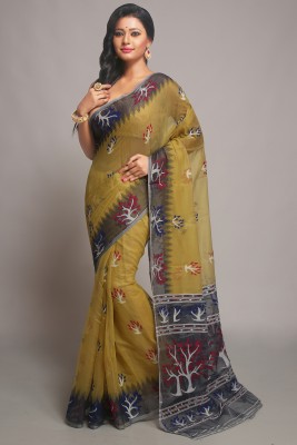 WoodenTant Woven Jamdani Cotton Silk Saree(Yellow, Grey)