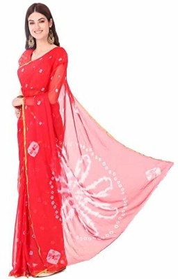 JustEthnic Geometric Print Bandhani Chiffon Saree(Red)