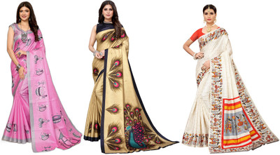 Nirvaan Printed Bollywood Art Silk Saree(Pack of 3, Pink, Gold, Cream)