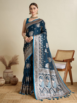 ORNITA BOUTIQUE Woven Banarasi Satin Saree(Light Blue)