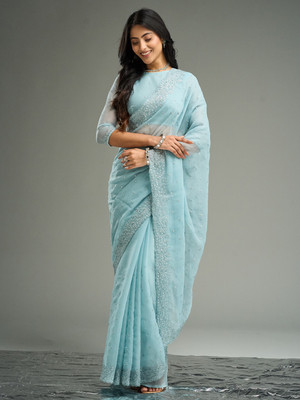 KASEE Embroidered Bollywood Chiffon Saree(Blue)
