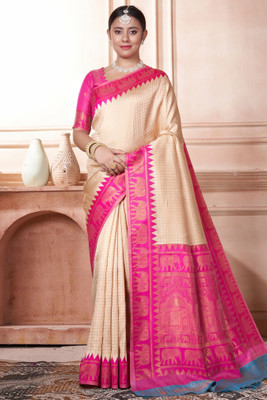 ROOP LAVANYA Woven Kanjivaram Jacquard, Art Silk Saree(Cream, Pink)