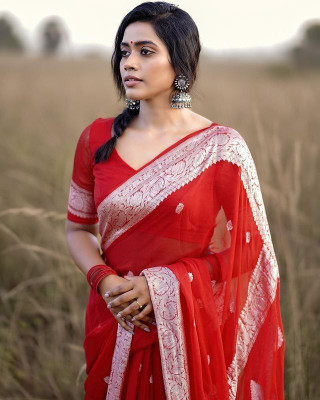 Harshavilla Woven Banarasi Cotton Linen Saree(Red)