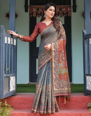 Tasrika Floral Print, Woven, Embellished Handloom Linen Saree(Grey)