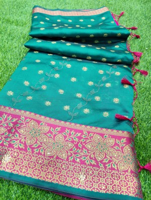 Banaras silk palace Embellished Banarasi Cotton Silk Saree(Dark Green)