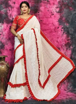 Pasum's Embroidered, Self Design Lucknow Chikankari Cotton Blend Saree(White, Red)