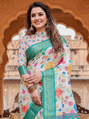 ZAMUNA Digital Print, Floral Print, Woven, Animal Print Banarasi Tussar Silk, Linen Saree(Cream, Light Green)