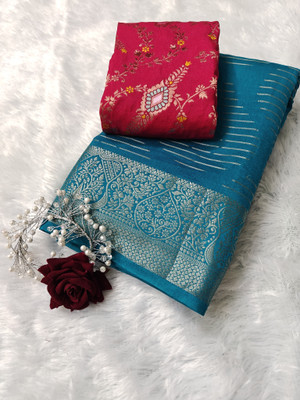 Sakhi Vastra Striped, Woven Banarasi Jacquard, Silk Blend Saree(Blue)