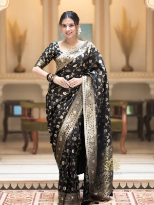 ZEENE Embroidered Banarasi Jacquard Saree(Black)