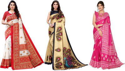 YASHIKA Printed Mysore Art Silk Saree(Pack of 3, Red, Gold, Pink)