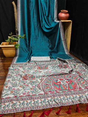 VIRDHI TEXTILE Digital Print Madhubani Silk Blend Saree(Blue)