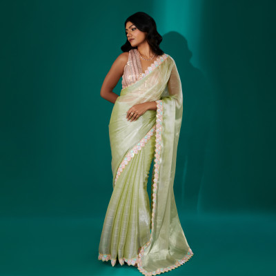Teejh Solid/Plain Bollywood Tissue Saree(Green)