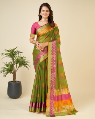 Upalksh Woven, Printed, Solid/Plain, Striped Banarasi Jacquard, Cotton Blend Saree(Light Green)