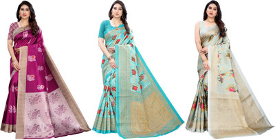 ANIRAV Printed, Woven Daily Wear Art Silk Saree(Pack of 3, Purple, Blue, Light Blue)