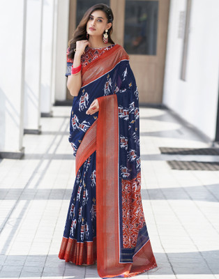 Samah Geometric Print, Printed Patola Art Silk, Silk Blend Saree(Blue, Multicolor)